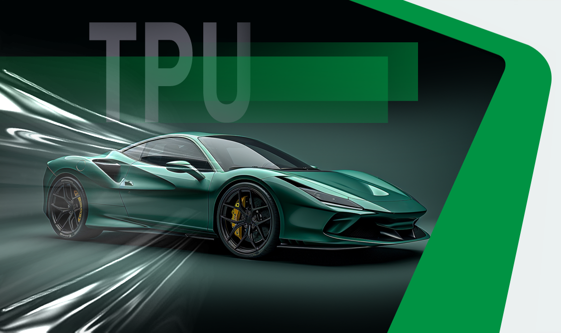 Car wrapped with transparent TPU paint protection film resembling silky texture, featuring Castrol PPF with Diamond Shield Topcoat, ESTANE TPU base material, and Bostik adhesive.